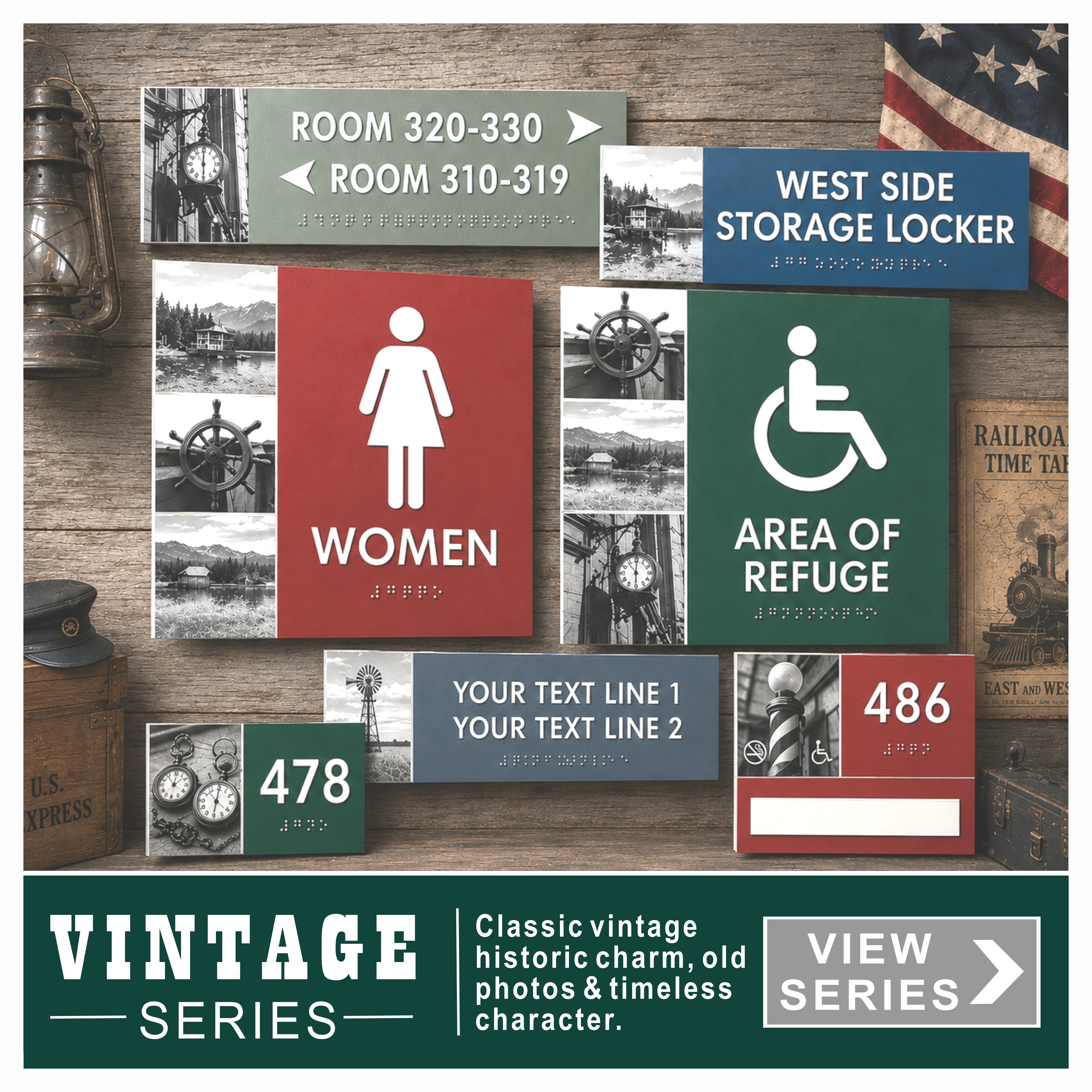 Vintage Series ADA Braille signs old photos and historic charm.